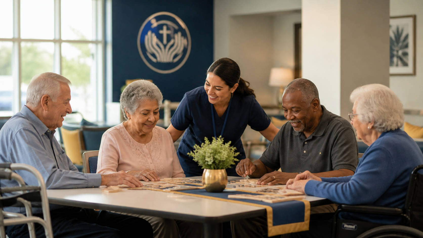 Seniors participating in Adult Day Health Care programming with a caregiver at Lending Hands Outreach
