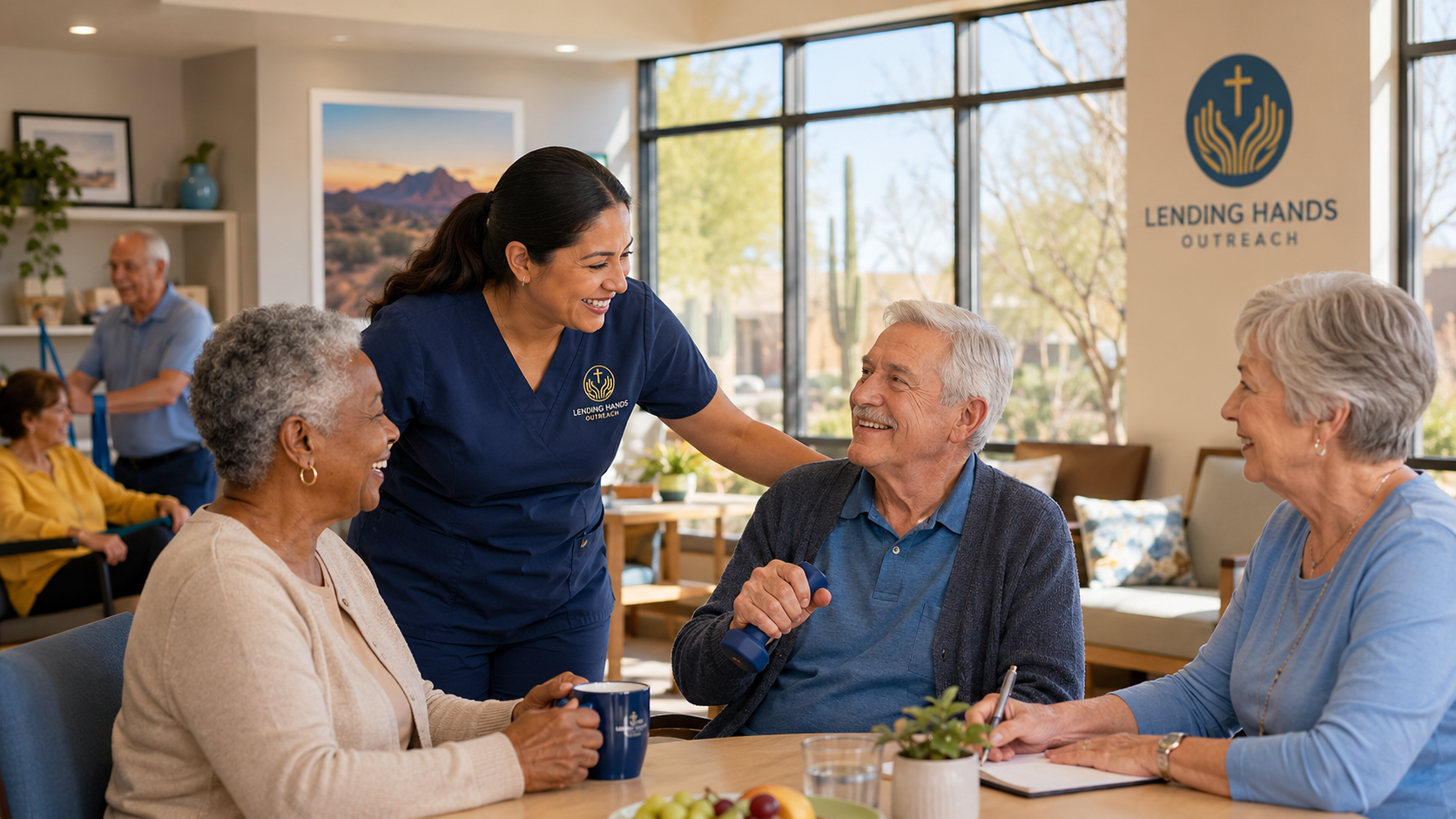 Lending Hands Outreach staff engaging seniors in a welcoming Adult Day Health Care activity room
