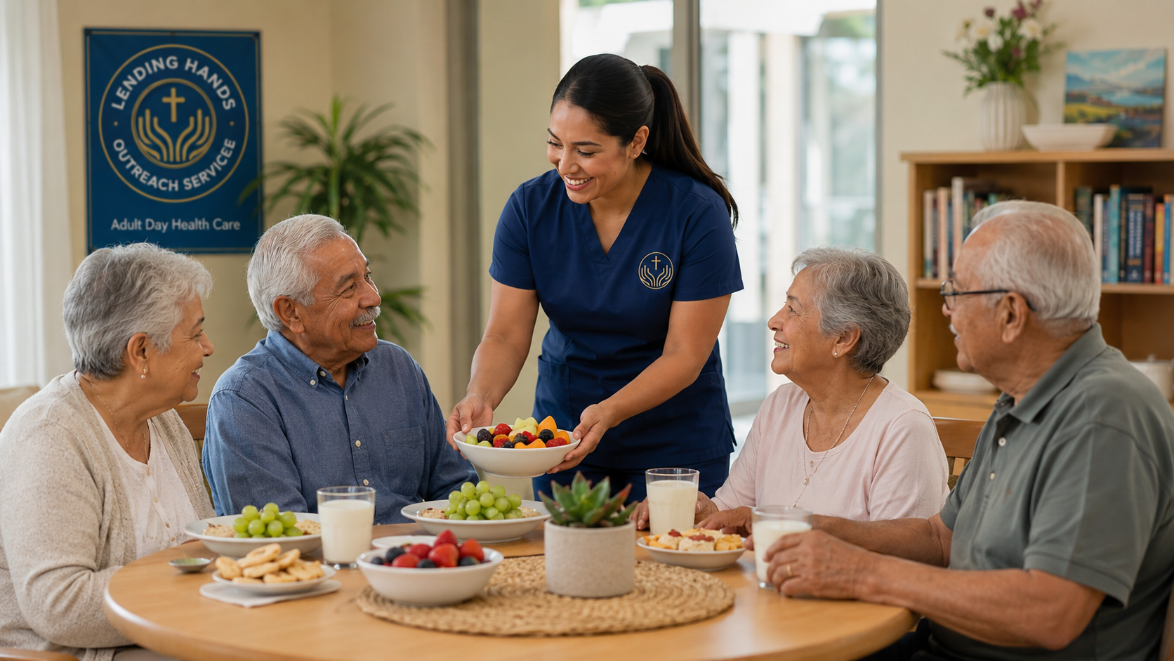 Lending Hands Outreach staff serving nutritious meals and snacks to seniors in a warm community dining setting