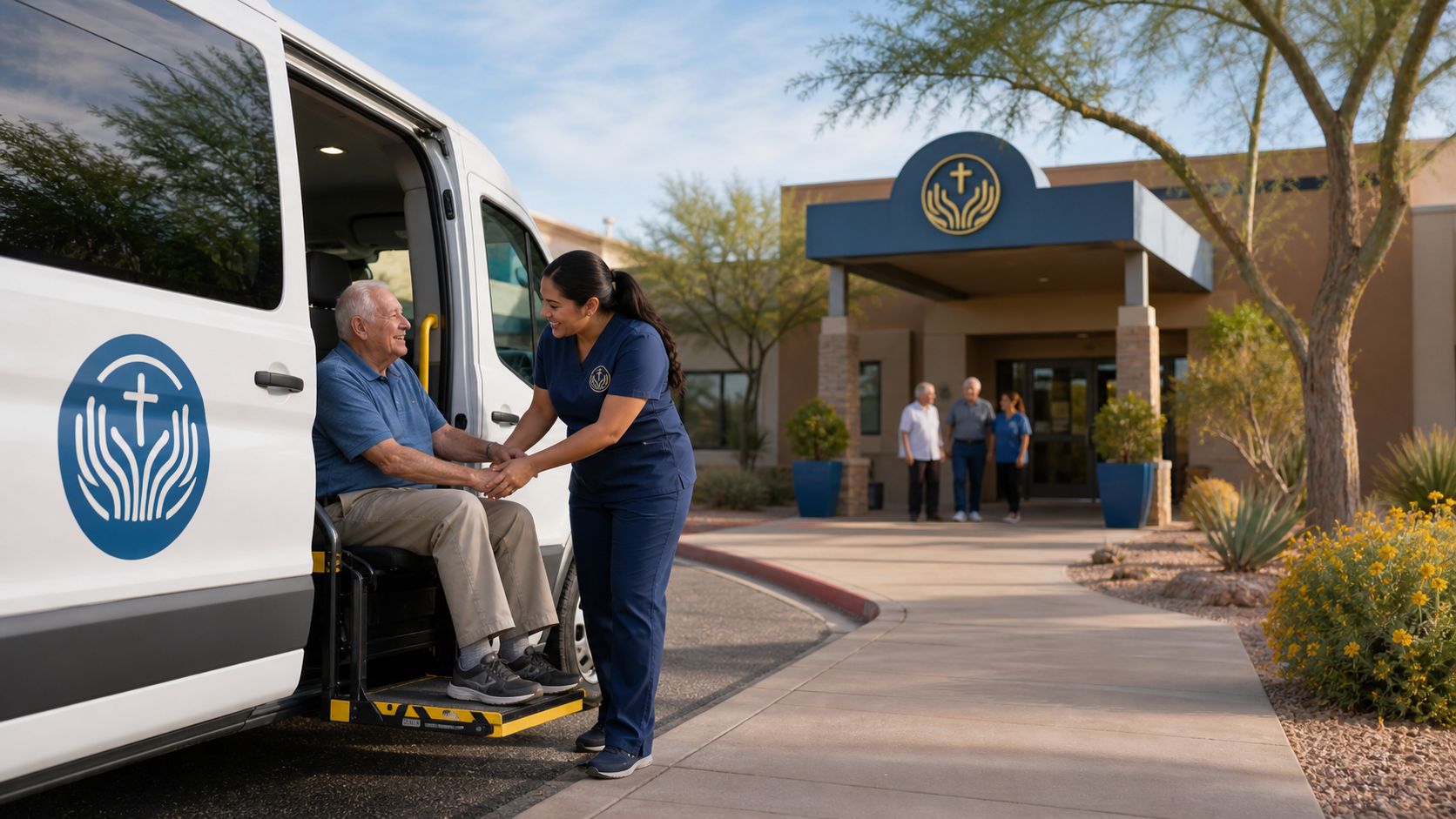 LHO staff assisting a senior with wheelchair-accessible transportation outside the Adult Day Health Care center