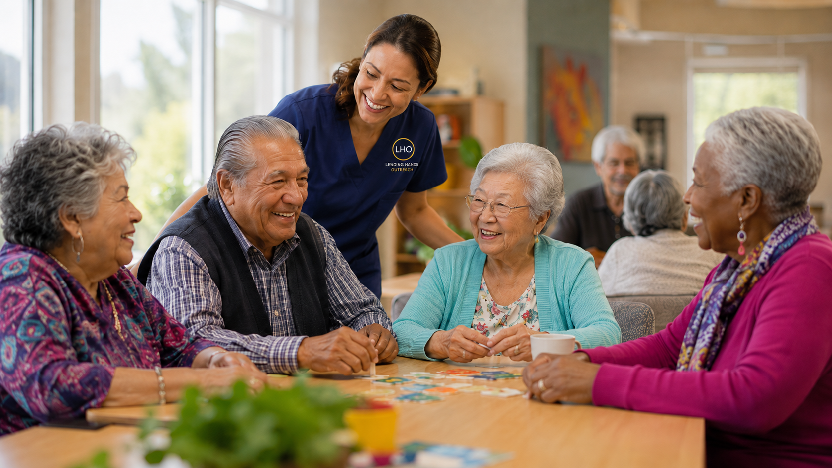 Seniors participating in a welcoming Adult Day Health Care activity with a Lending Hands Outreach caregiver